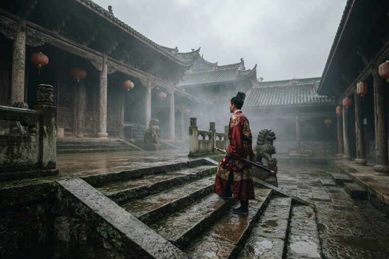 Homme en robe rouge sombre et coiffe noire, sabre à la main, sur les marches mouillées d'un temple chinois sous un ciel gris