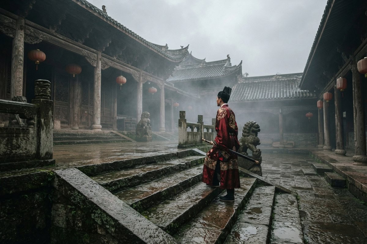Homme en robe rouge sombre et coiffe noire, sabre à la main, sur les marches mouillées d'un temple chinois sous un ciel gris