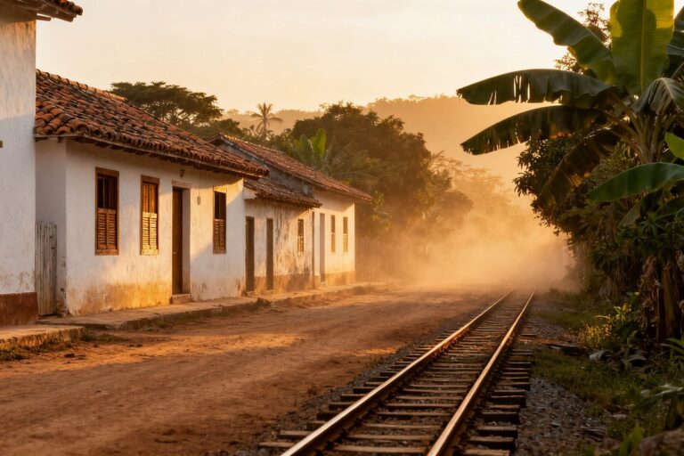 Rue de terre déserte d'un village tropical au crépuscule, maisons blanchies et voie ferrée bordée de bananiers