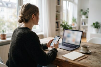 Femme assise à une table en bois, smartphone en main devant un ordinateur portable, dans un appartement lumineux