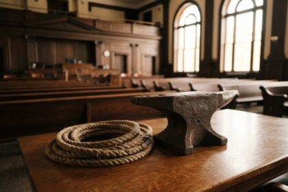 Enclume en fonte et corde enroulée posées sur une table en bois, dans une salle d'audience vide.