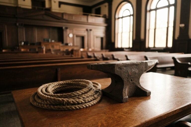 Enclume en fonte et corde enroulée posées sur une table en bois, dans une salle d'audience vide.