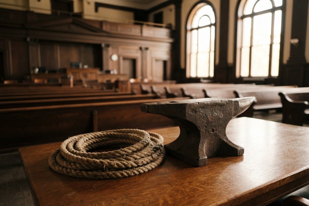 Enclume en fonte et corde enroulée posées sur une table en bois, dans une salle d'audience vide.