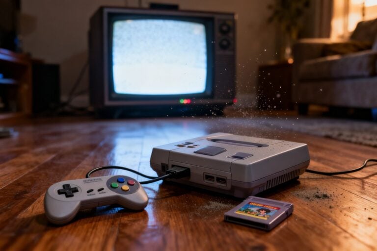 Console de jeu grise des années 1990 et sa manette posées sur un parquet devant une télévision cathodique allumée