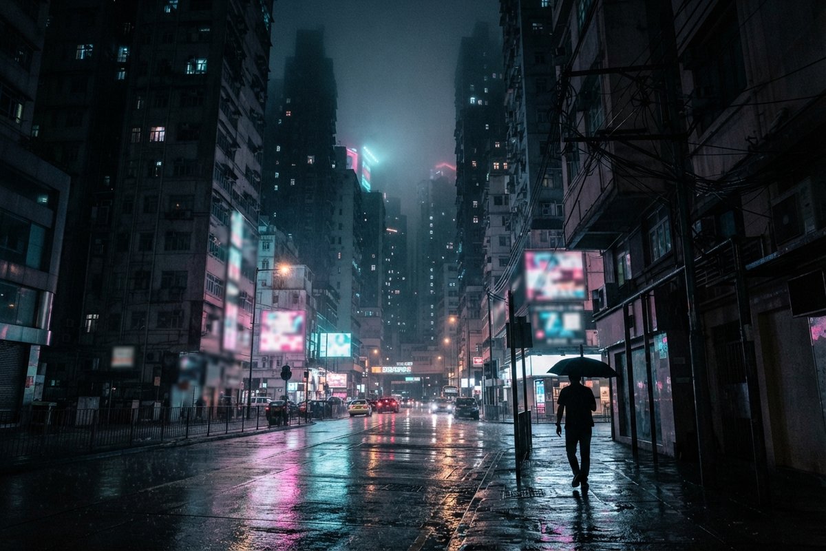Rue d'une mégapole sous la pluie la nuit, néons roses et bleus reflétés sur l'asphalte, passant sous un parapluie