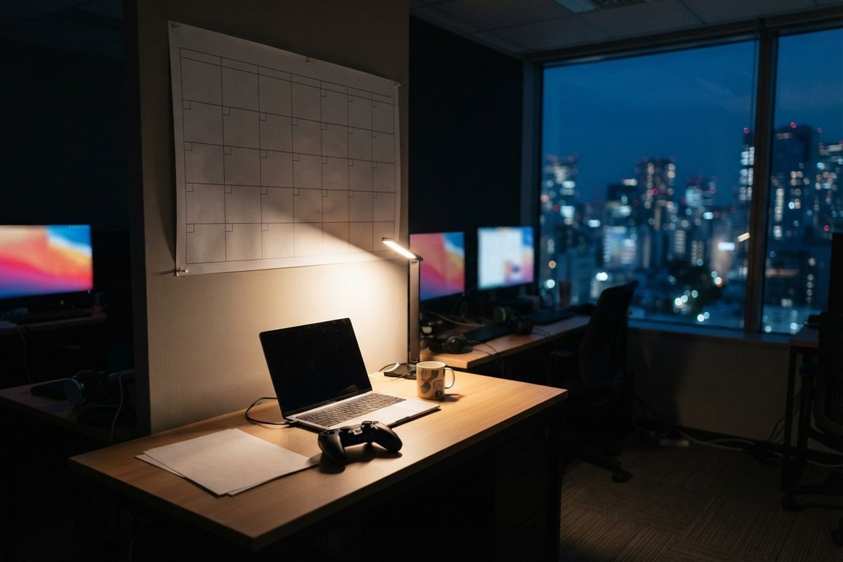 Bureau vide éclairé par une lampe, manette et ordinateur portable devant un planning mural vierge, ville de nuit