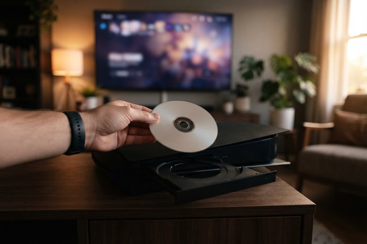 Une main tient un disque au-dessus du tiroir ouvert d'une console noire, téléviseur allumé en arrière-plan