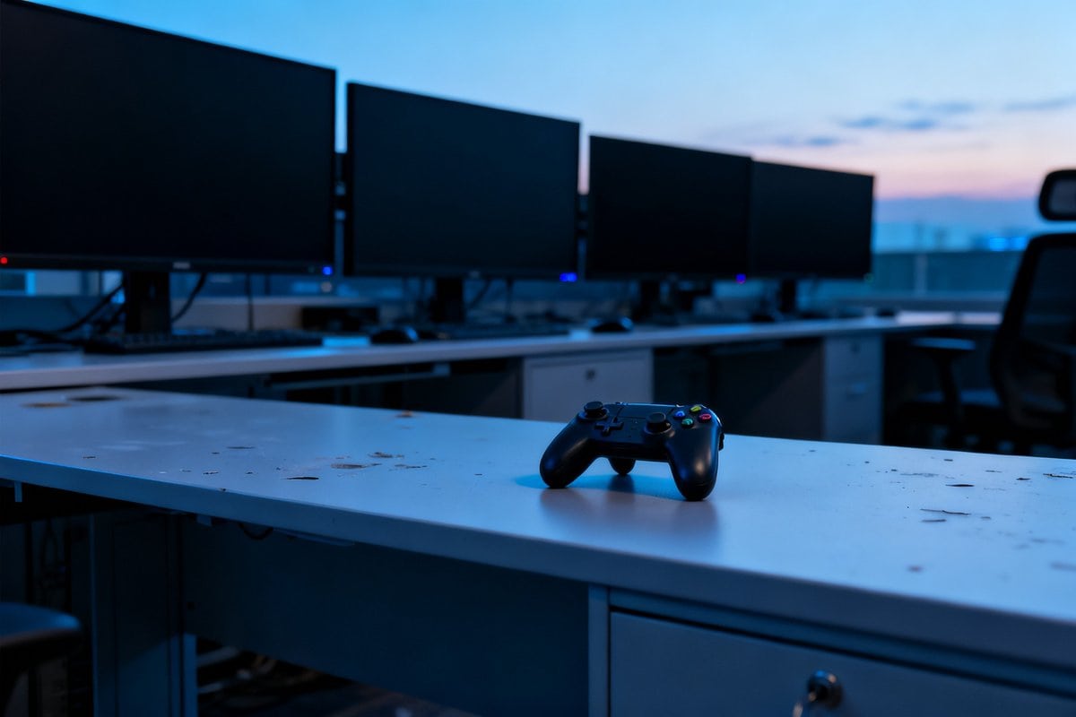 Manette de jeu posée sur un long bureau devant une rangée d'écrans éteints, au crépuscule