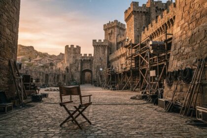 Chaise de réalisateur vide au centre d'un décor de château médiéval en tournage