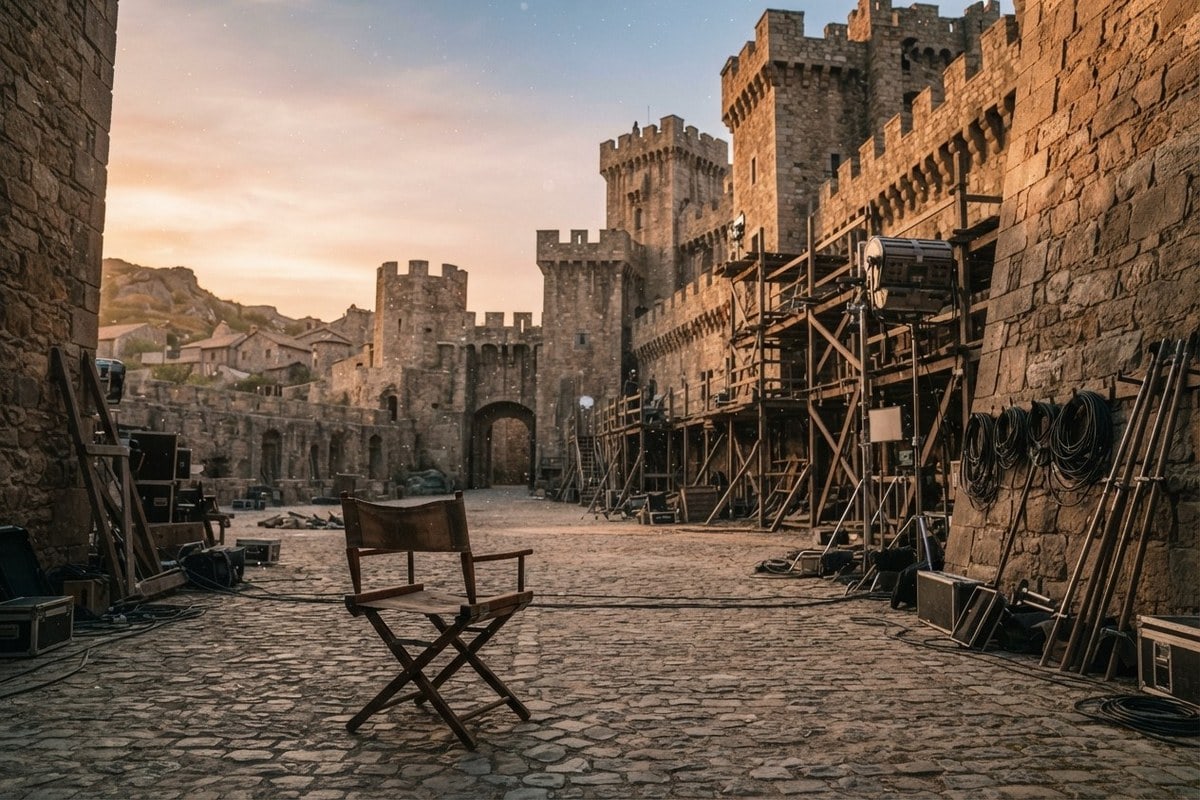 Chaise de réalisateur vide au centre d'un décor de château médiéval en tournage