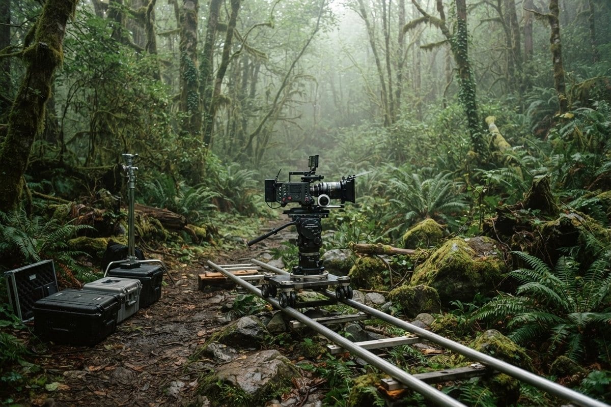 Caméra de cinéma sur un rail de travelling dans une forêt brumeuse couverte de mousse et de fougères