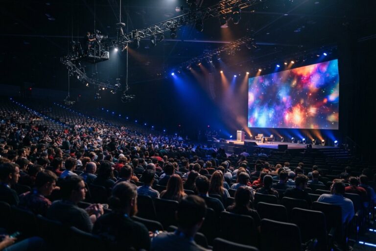 Public assis dans un grand auditorium sombre face à une scène et un écran géant aux couleurs abstraites