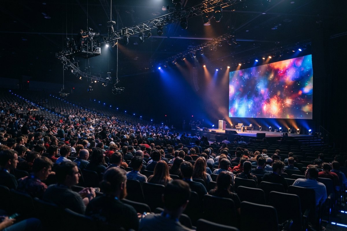 Public assis dans un grand auditorium sombre face à une scène et un écran géant aux couleurs abstraites