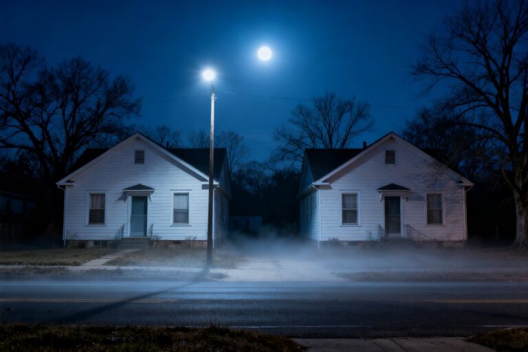 Deux maisons blanches identiques éclairées par un lampadaire dans une rue brumeuse au clair de lune
