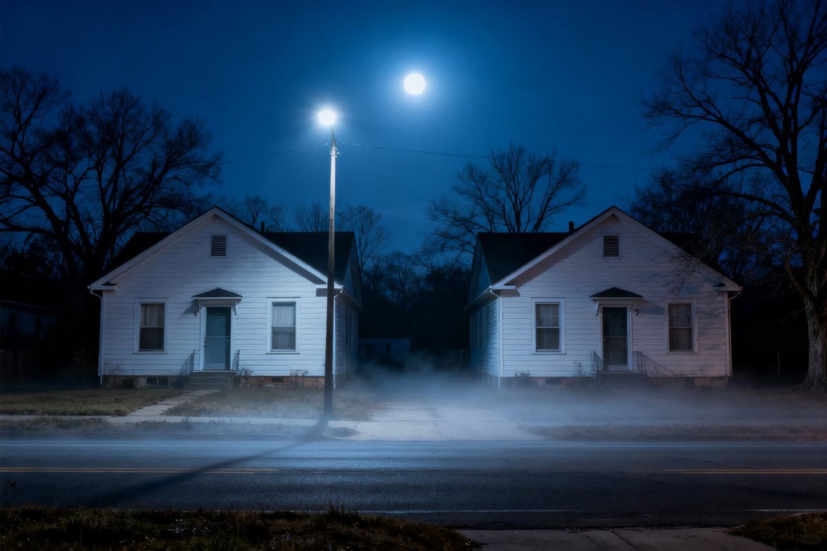 Deux maisons blanches identiques éclairées par un lampadaire dans une rue brumeuse au clair de lune