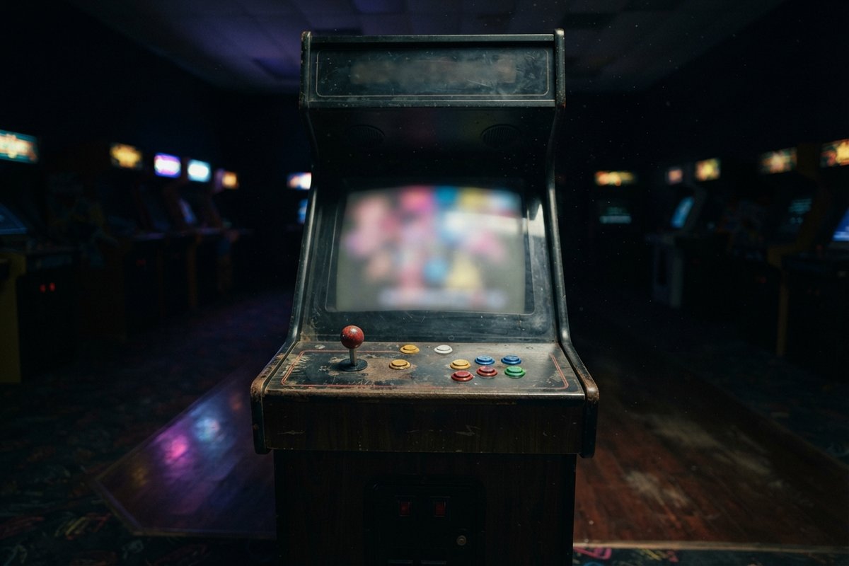 Borne d'arcade en bois usée au centre d'une salle sombre, écran allumé et boutons colorés sur le panneau de commande