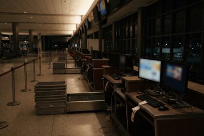 Comptoirs d'enregistrement déserts dans un terminal d'aéroport la nuit, écrans allumés et bacs empilés