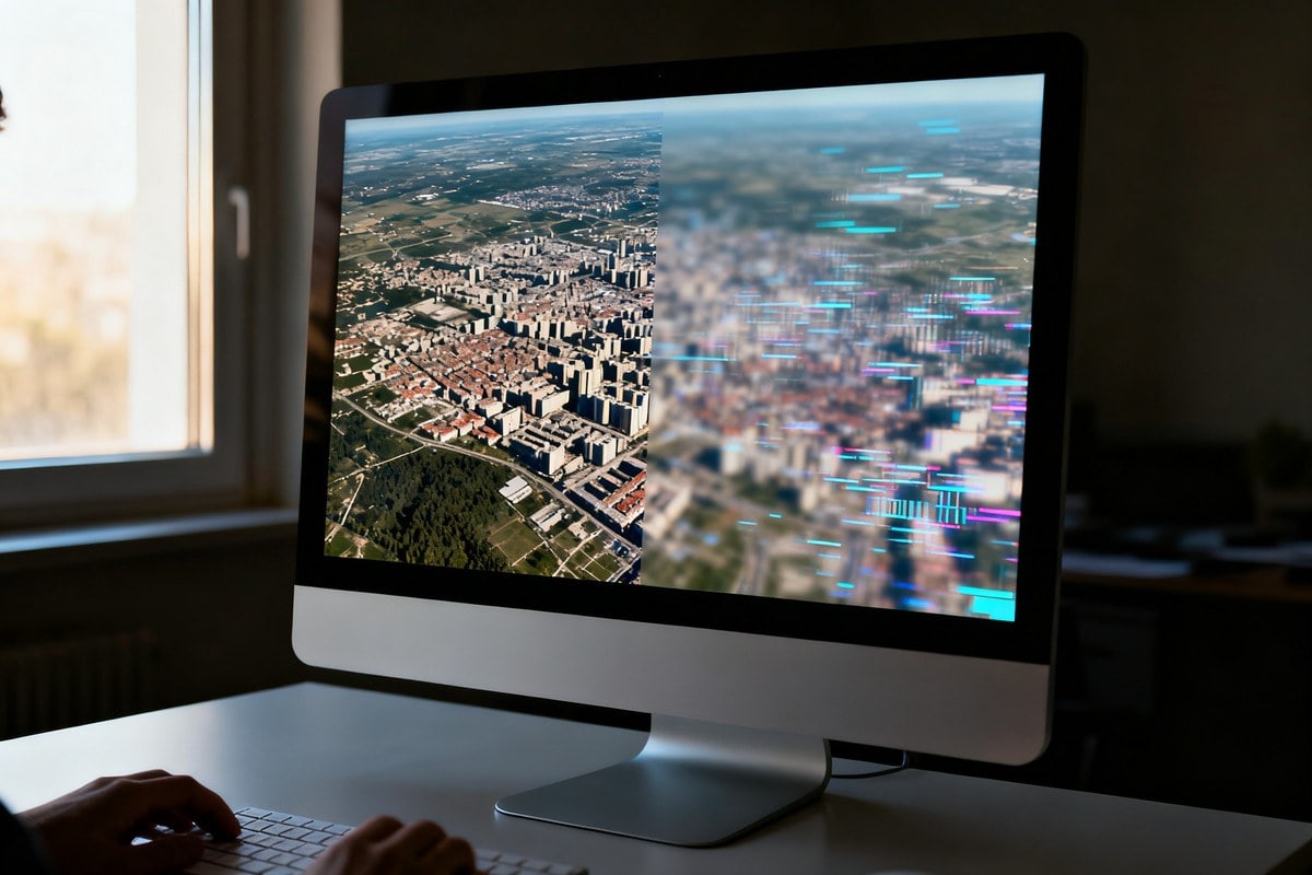 Écran d'ordinateur affichant une vue aérienne de ville dont la moitié droite se dissout en pixels colorés