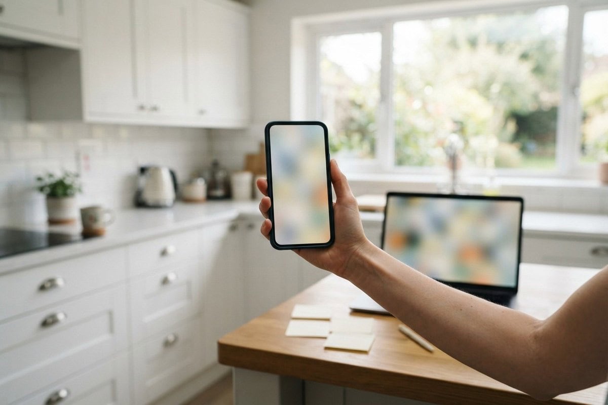 Une main tend un smartphone dont l'écran affiche une image floue sans aucun marquage, dans une cuisine claire.