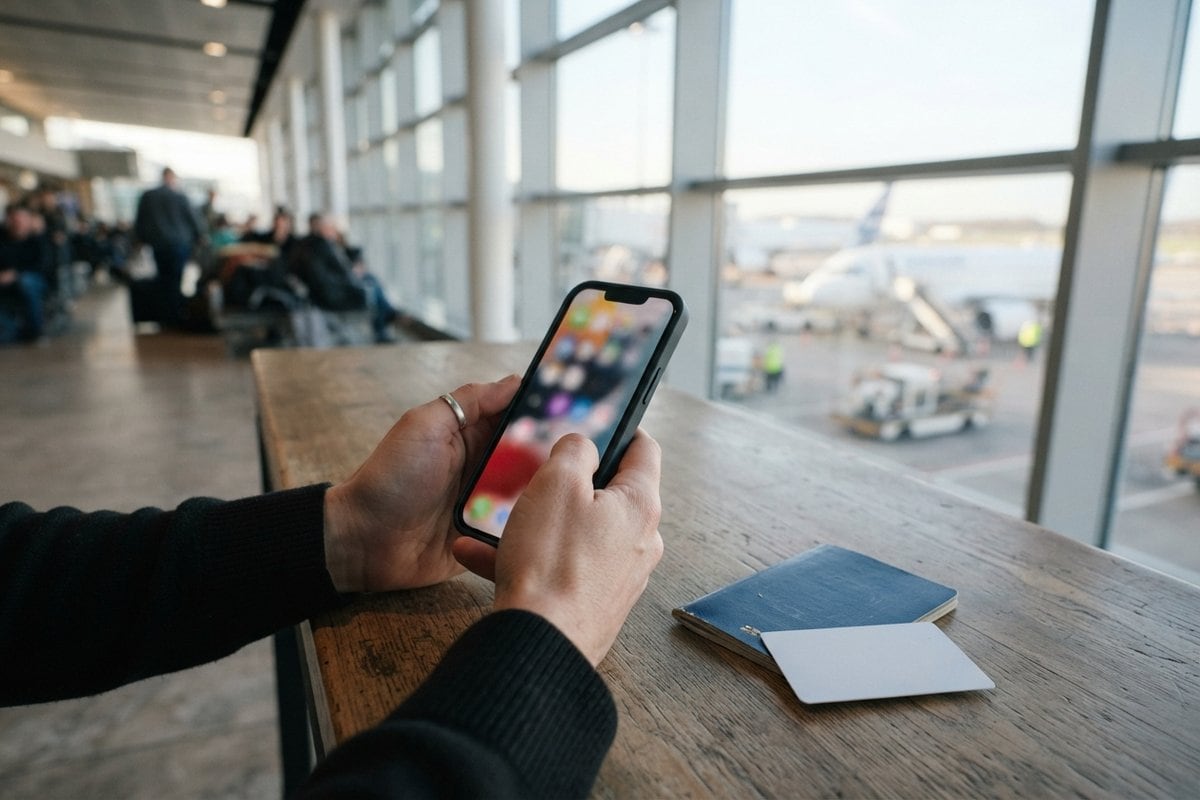 Mains tenant un smartphone à l'écran flou sur une table d'aéroport, passeport posé et avion derrière la vitre