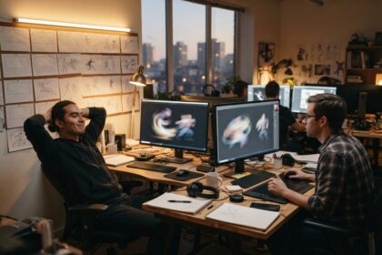 Deux animateurs devant leurs écrans dans un studio de jeu vidéo, planches de croquis punaisées au mur