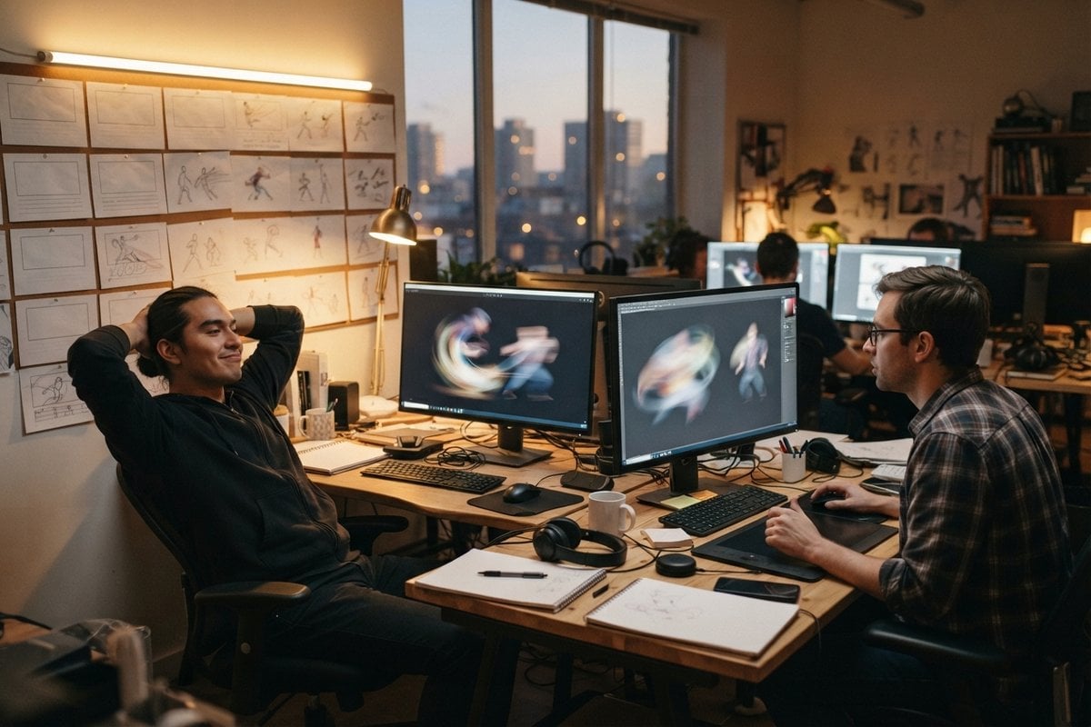 Deux animateurs devant leurs écrans dans un studio de jeu vidéo, planches de croquis punaisées au mur