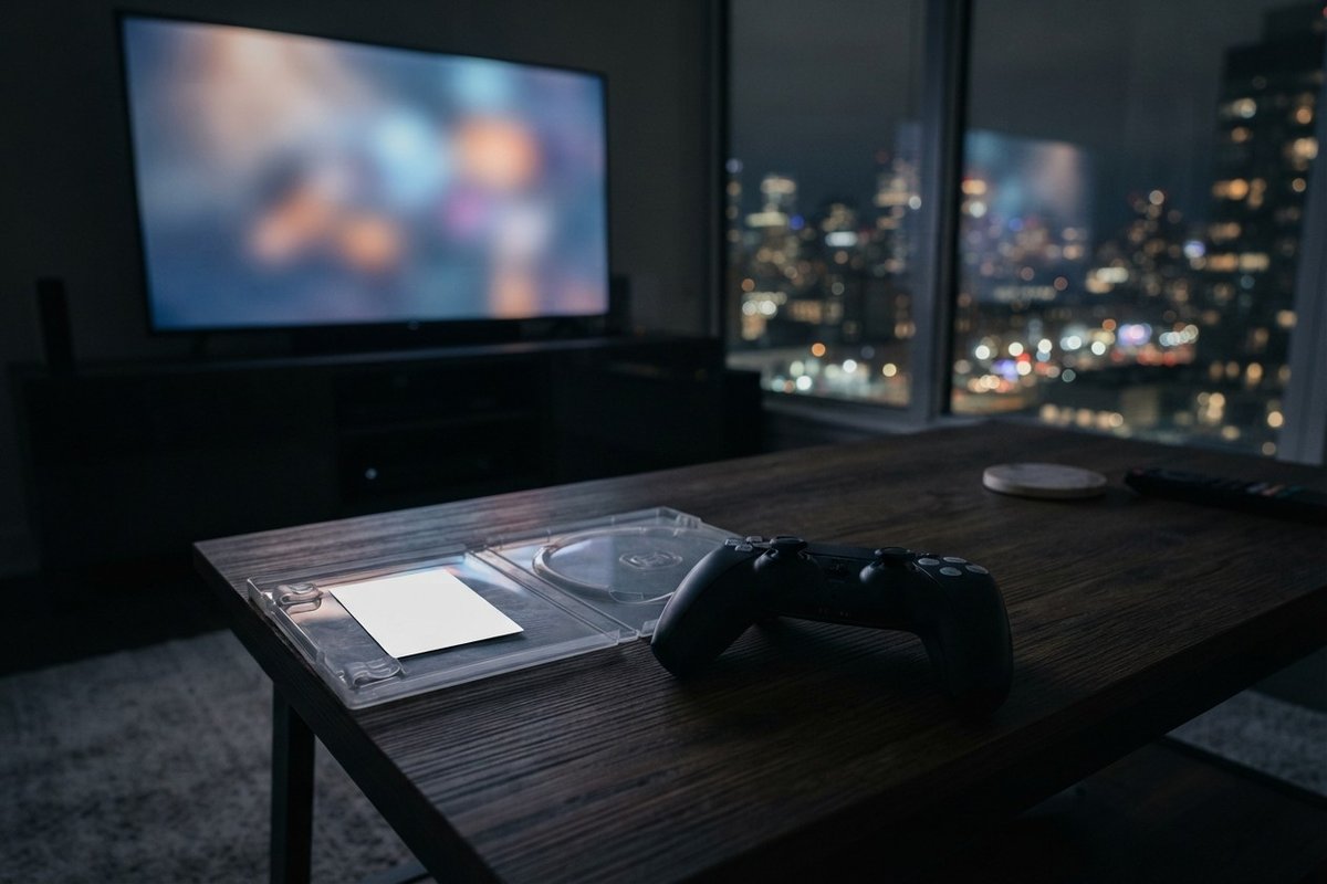 Manette de jeu posée sur une table basse près d'un boîtier vide contenant une carte, face à un téléviseur allumé