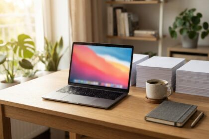 Un ordinateur portable ouvert sur un bureau en bois, à côté de deux piles de feuilles blanches et d'une tasse