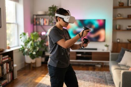 Une personne casquée en réalité virtuelle tient deux manettes, bras levés, dans un salon éclairé de rose et de bleu.