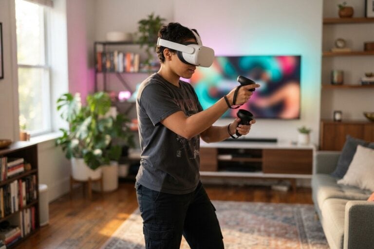 Une personne casquée en réalité virtuelle tient deux manettes, bras levés, dans un salon éclairé de rose et de bleu.