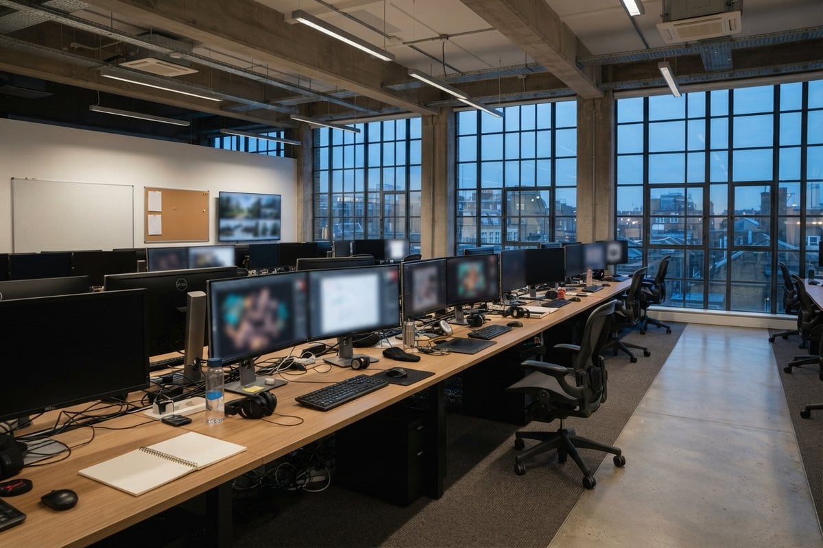 Open space désert d'un studio de développement au crépuscule, longues rangées d'écrans et chaises vides
