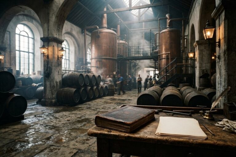 Halle de brasserie ancienne avec cuves en cuivre, tonneaux empilés et registre en cuir sur une table