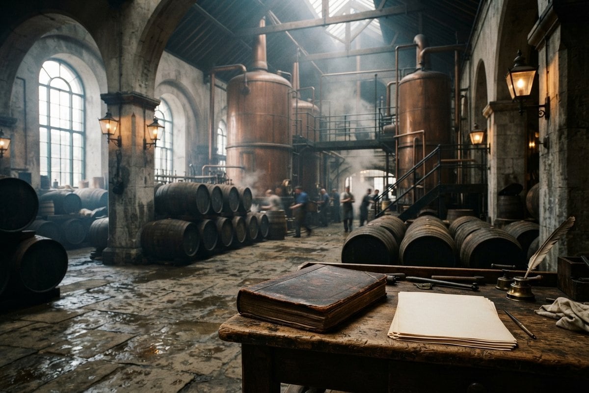 Halle de brasserie ancienne avec cuves en cuivre, tonneaux empilés et registre en cuir sur une table
