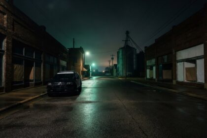 Rue principale déserte d'une petite ville américaine la nuit, voiture de police garée sous un halo vert