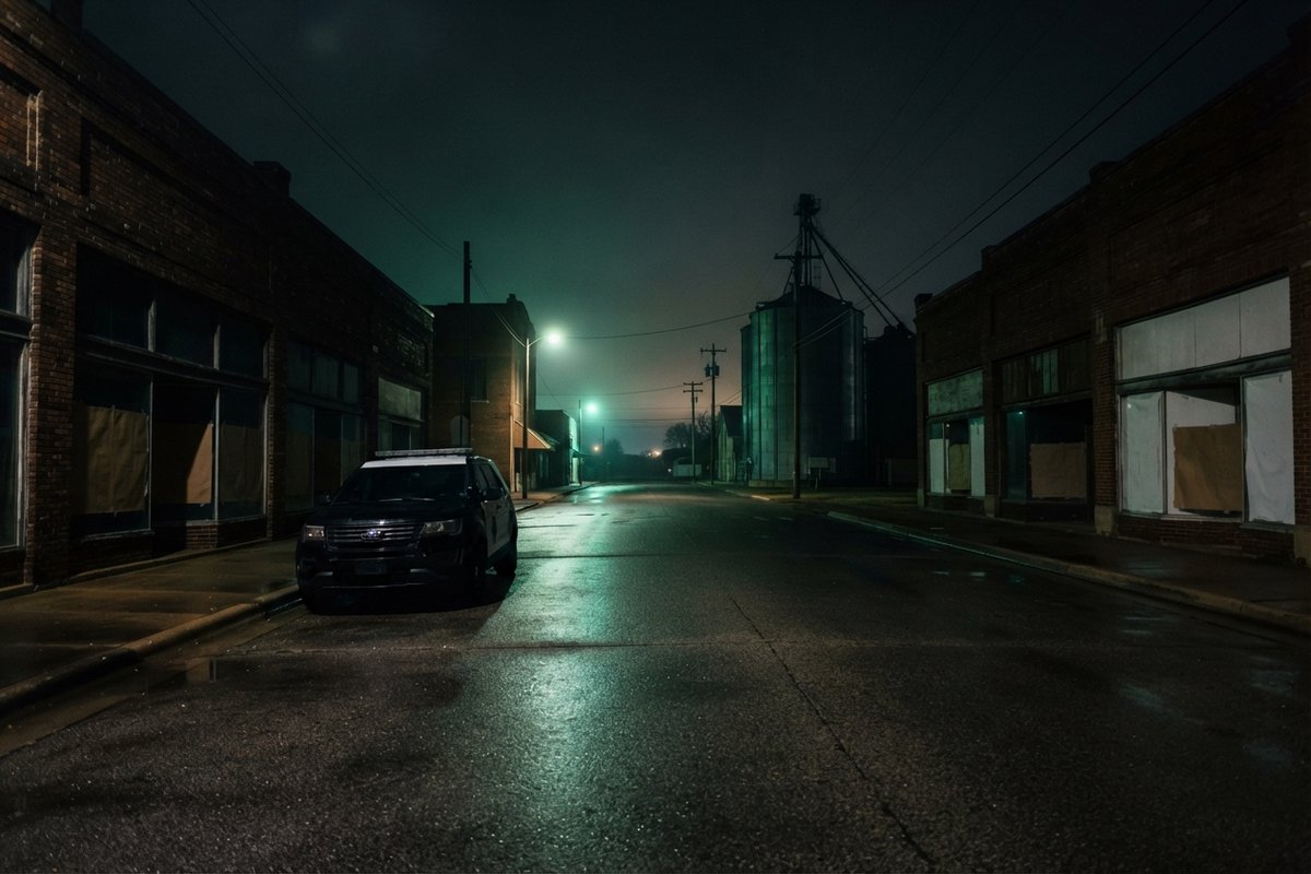 Rue principale déserte d'une petite ville américaine la nuit, voiture de police garée sous un halo vert