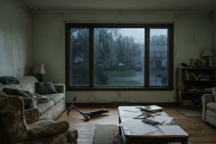 Salon familial vide aux murs écaillés, trottinette renversée au sol et pluie ruisselant sur une grande fenêtre