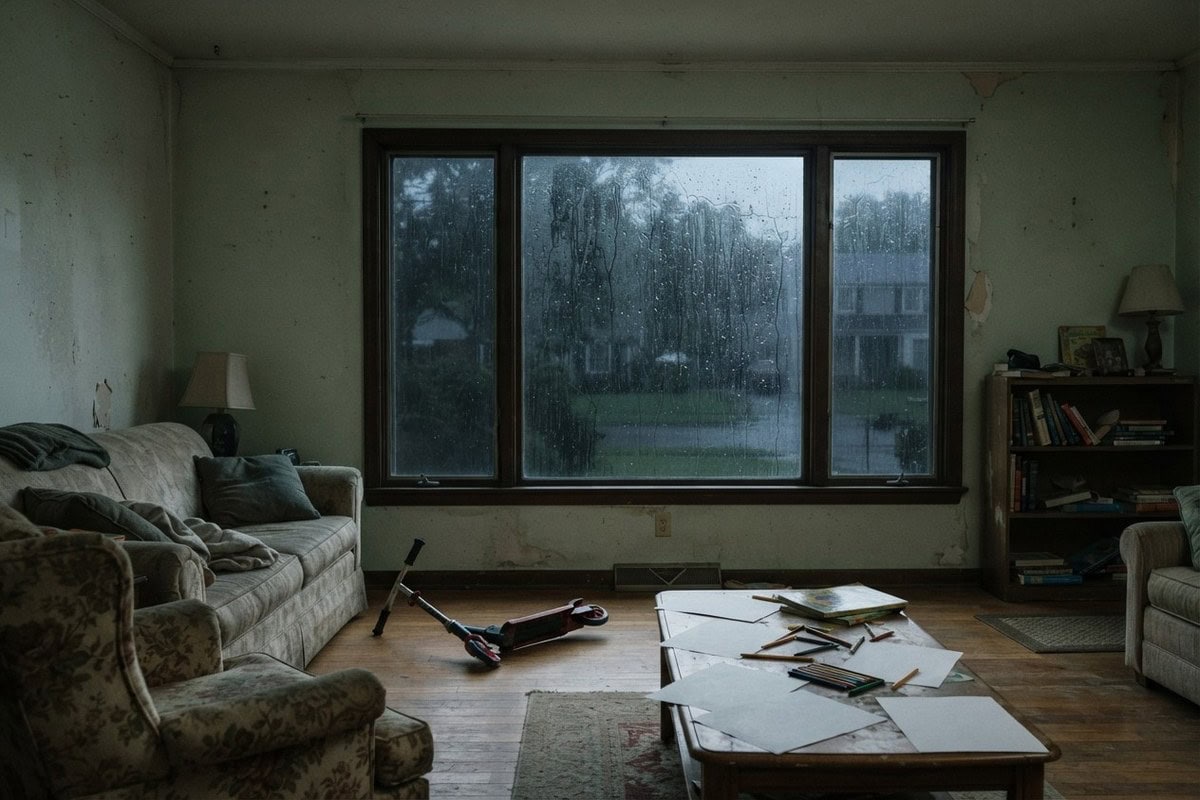 Salon familial vide aux murs écaillés, trottinette renversée au sol et pluie ruisselant sur une grande fenêtre