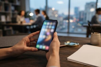 Mains tenant un smartphone à l'écran flouté sur un bureau, loupe et feuilles blanches à côté