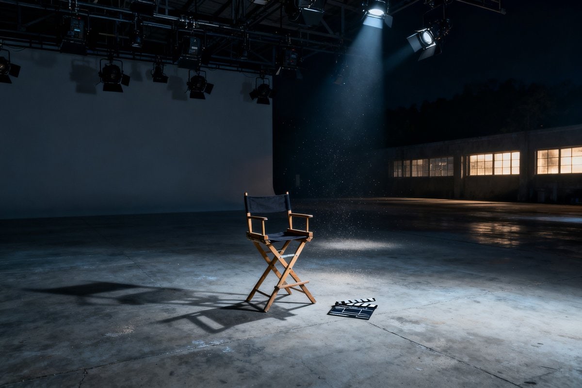 Chaise de réalisateur vide et clap posé au sol dans un plateau de tournage désert, la nuit