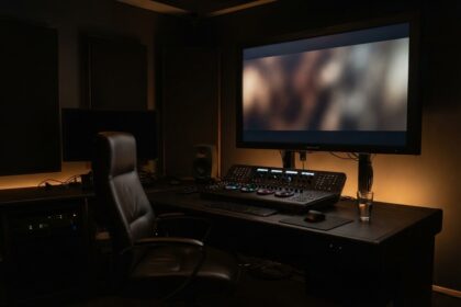 Salle d'étalonnage sombre avec un grand écran affichant une image floue et une console de réglage