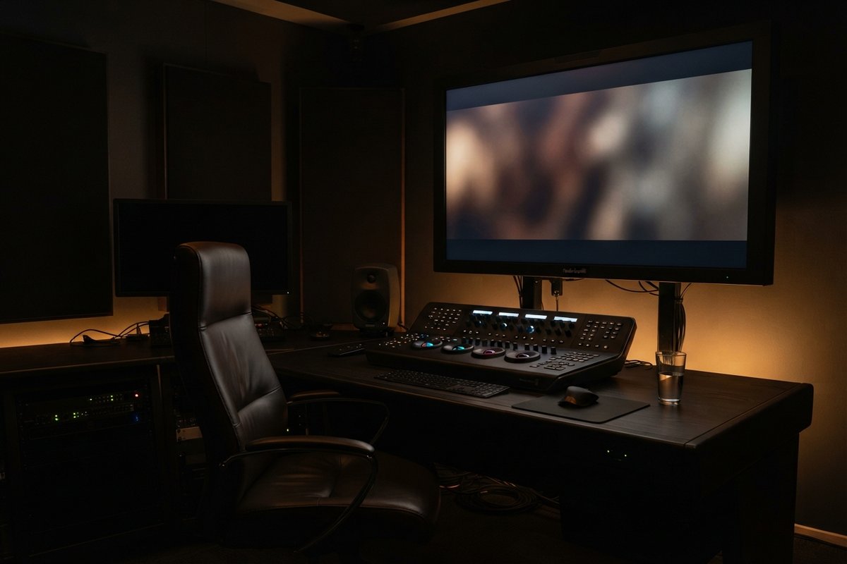 Salle d'étalonnage sombre avec un grand écran affichant une image floue et une console de réglage