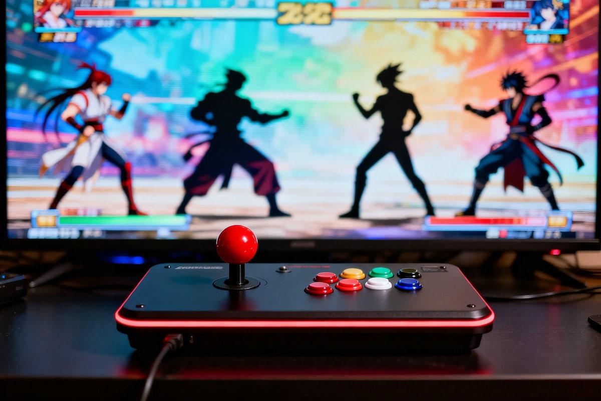 Stick d'arcade noir à boule rouge posé devant un écran affichant quatre combattants en style anime
