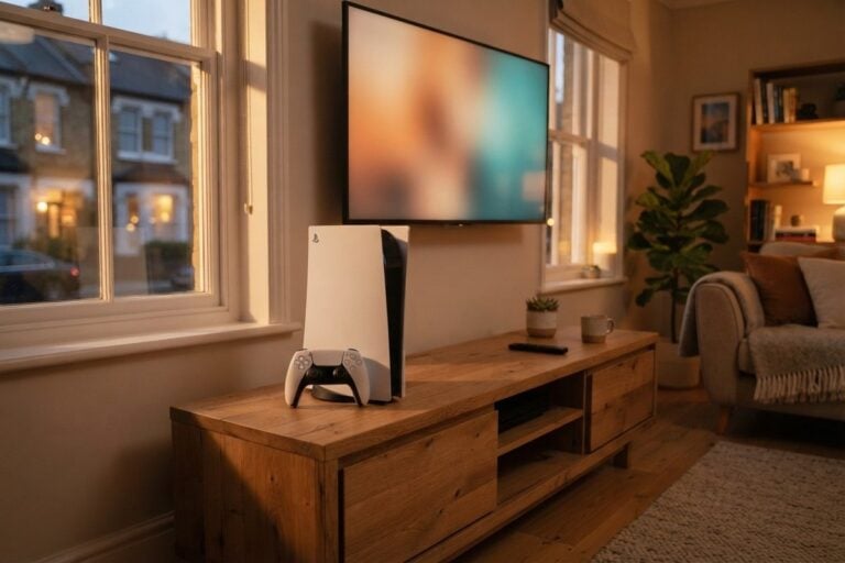 Console de jeu blanche et sa manette sur un meuble en bois, sous un téléviseur mural, dans un salon au crépuscule