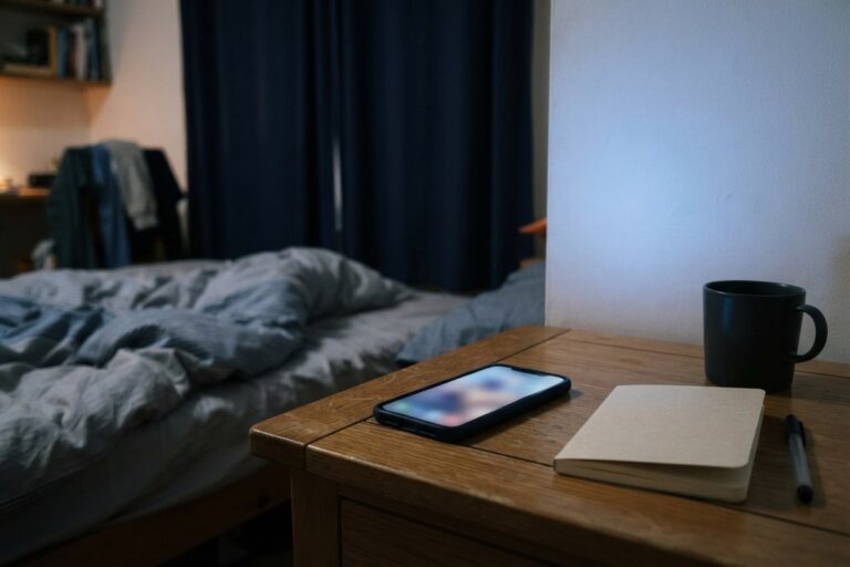 Smartphone allumé posé sur une table de chevet dans une chambre sombre, près d'un carnet fermé et d'un mug