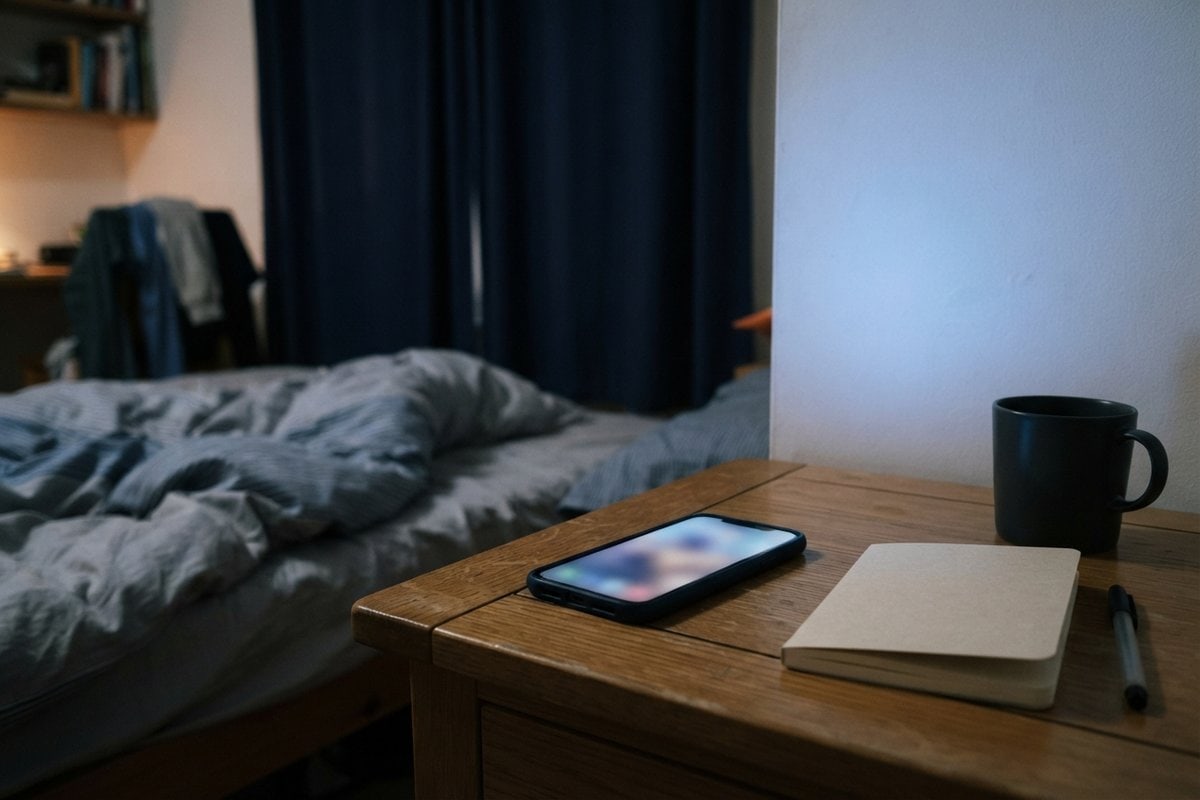 Smartphone allumé posé sur une table de chevet dans une chambre sombre, près d'un carnet fermé et d'un mug