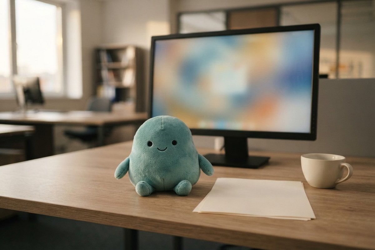 Une petite peluche bleue en forme de bulle souriante posée seule sur un bureau, devant un écran allumé et flou