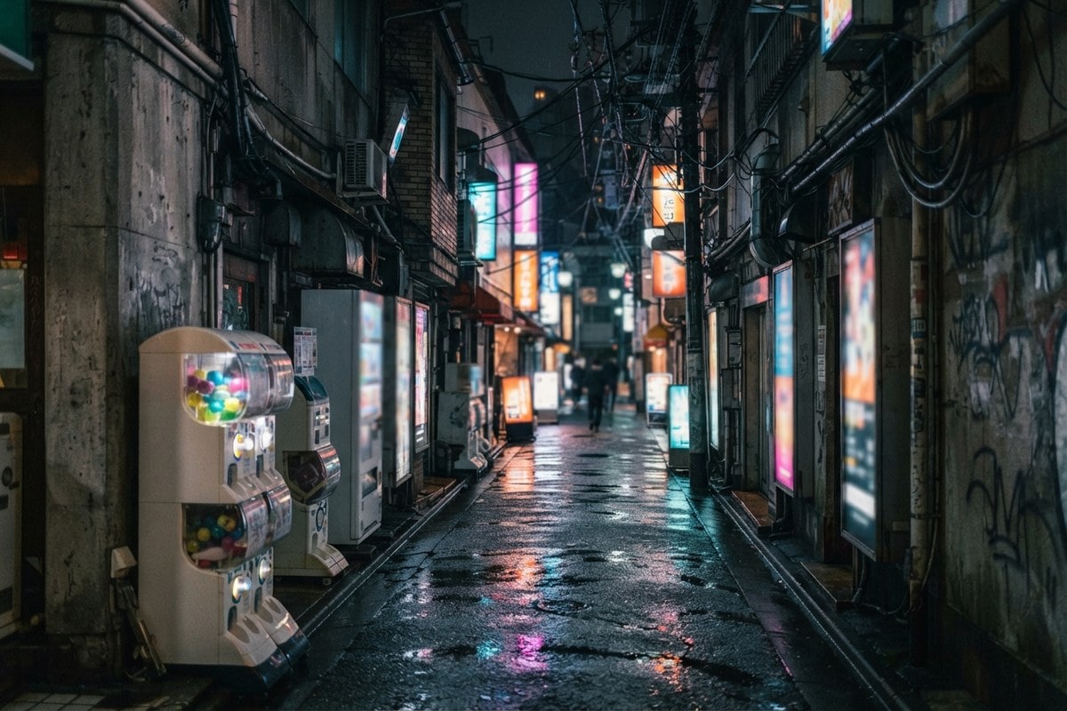 Ruelle nocturne bordée de panneaux lumineux flous et de distributeurs à capsules, asphalte mouillé