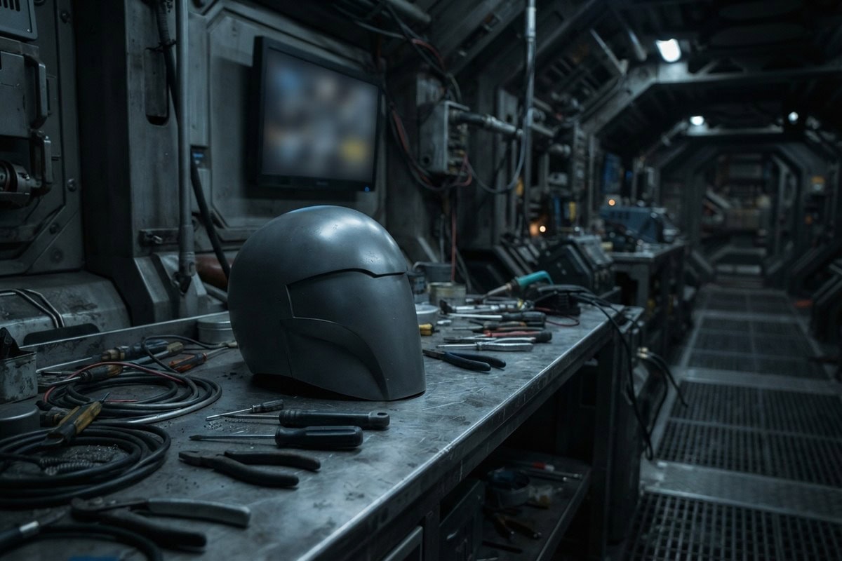 Casque d'armure gris posé sur un établi métallique jonché d'outils, dans une coursive de vaisseau