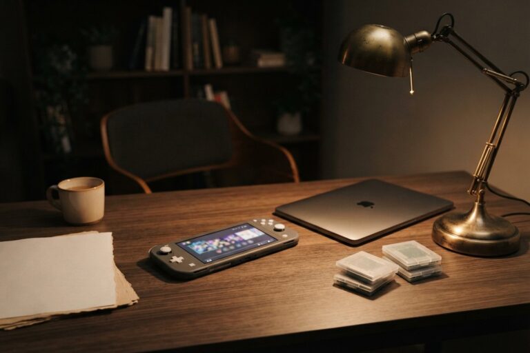 Console portable sur un bureau en bois éclairé par une lampe, près d'un ordinateur fermé et de boîtiers de jeux vides
