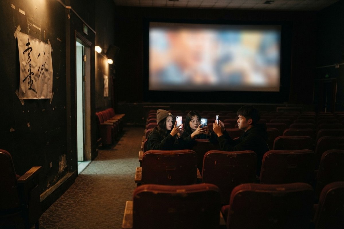 Trois spectateurs filment l'écran avec leur smartphone dans une salle de cinéma presque vide
